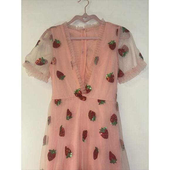 Strawberry Maxi Dress Sequin Fruit Spring Tulle Cottagecore Sz Med Pink Fairy Pr - Picture 4 of 8